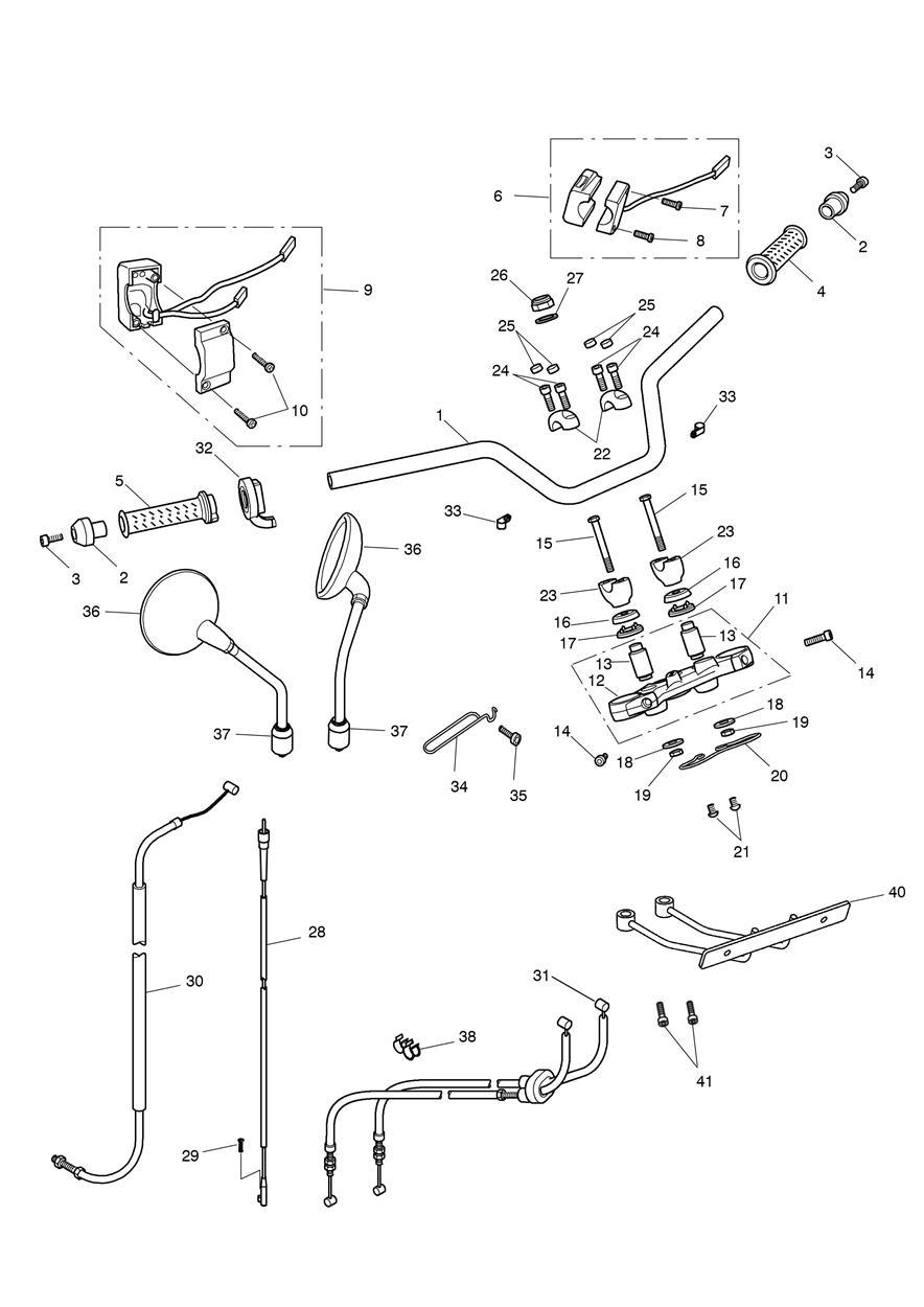 Handlebars, Top Yoke, Cables & Mirrors exploded diagram