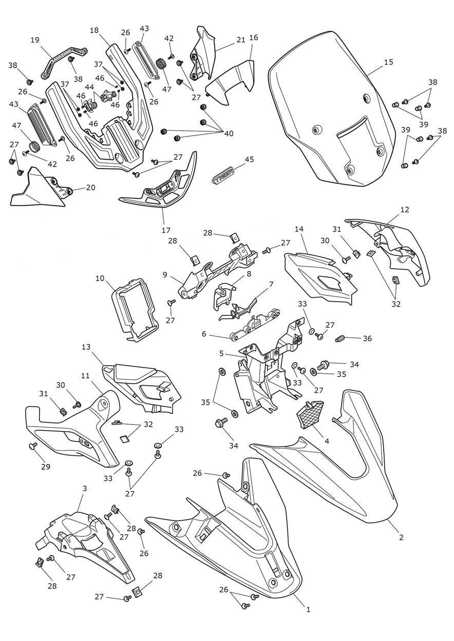 Cockpit, Subframe & Screen exploded diagram