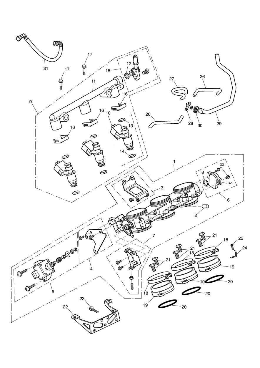 Throttles, Injectors and Fuel Rail exploded diagram