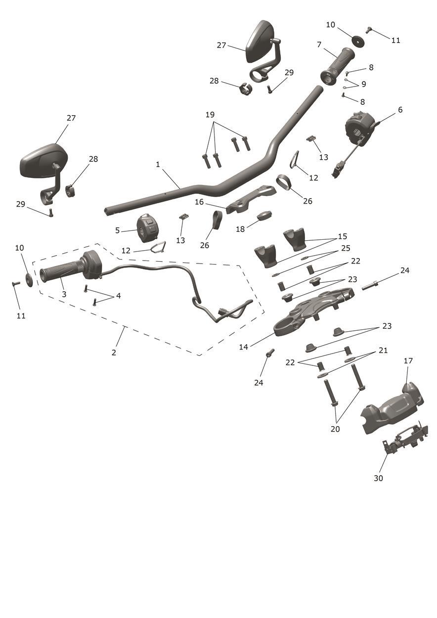 Handlebars, Top Yoke & Mirrors exploded diagram