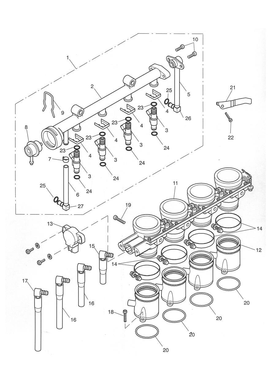 Throttle/Injector and Fuel Rail exploded diagram