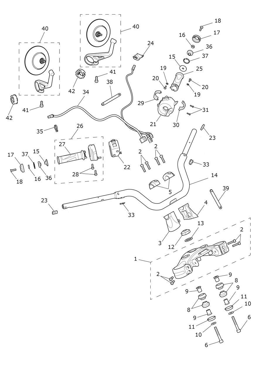 Handlebars, Upper Yoke & Mirrors exploded diagram