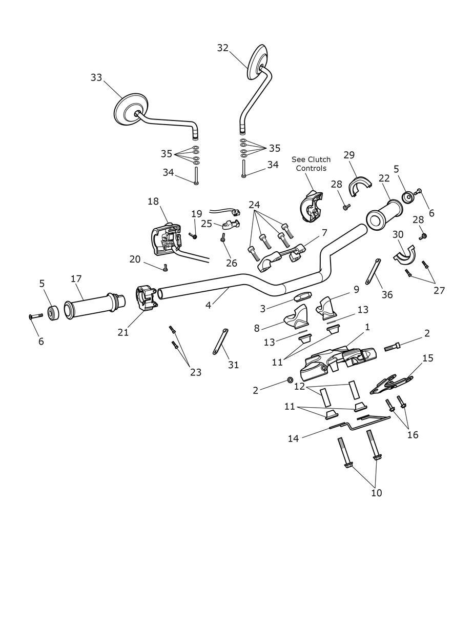 Handlebars, Top Yoke & Mirrors exploded diagram