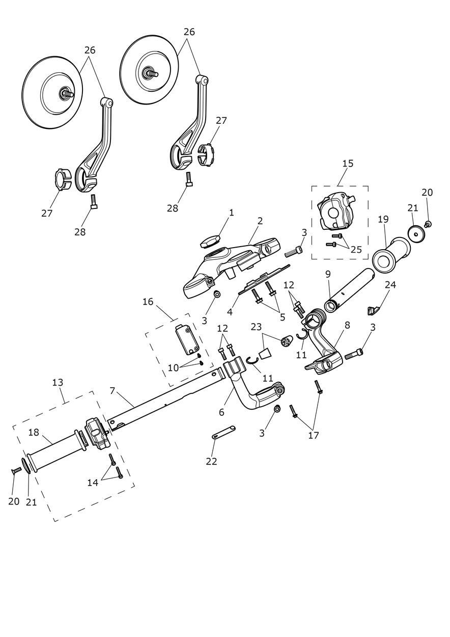 Handlebars, Top Yoke & Mirrors exploded diagram