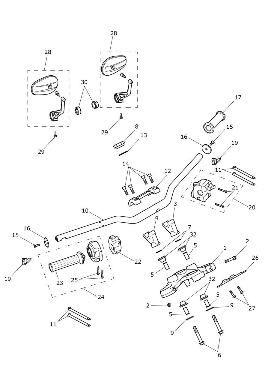 Handlebars, Top Yokes & Mirrors exploded diagram