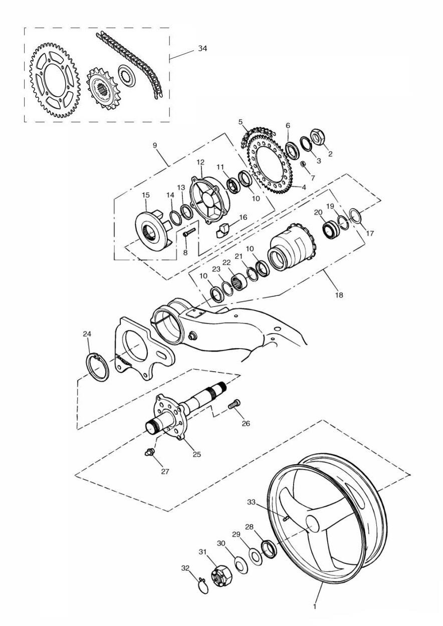 Rear Wheel/Final Drive Single sided swingarm exploded diagram
