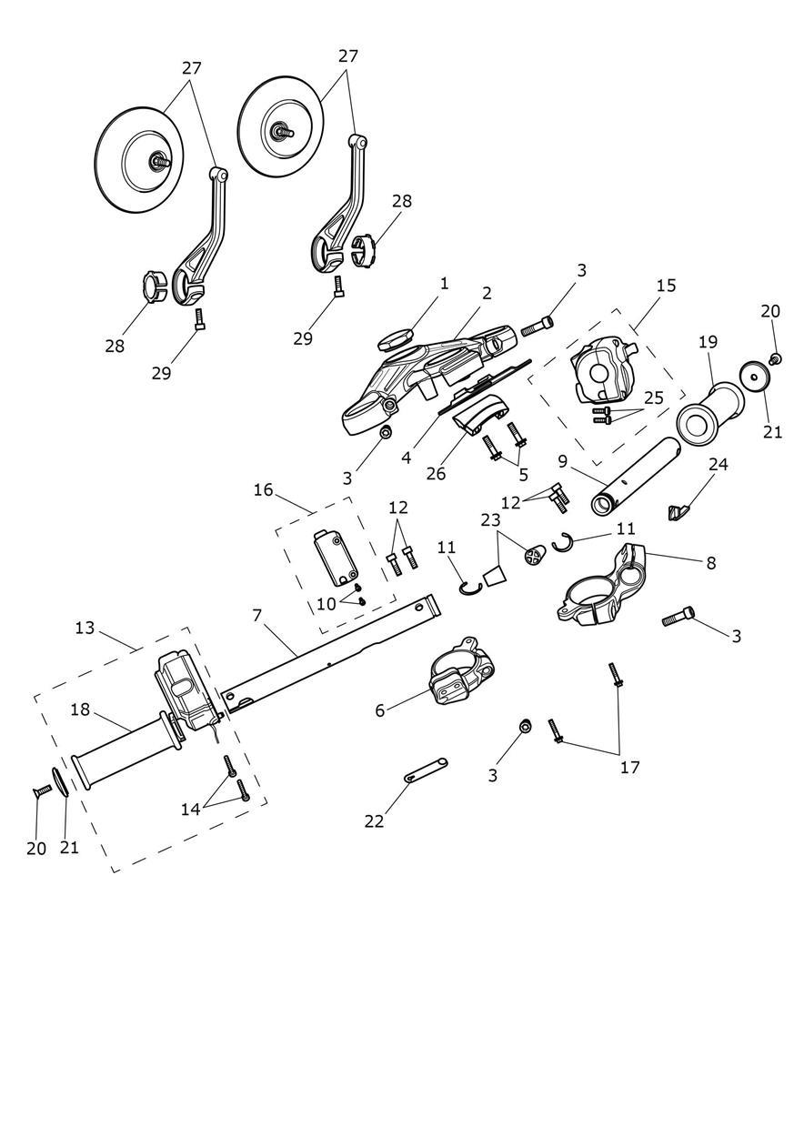 Handlebars, Top Yoke & Mirrors - For Bikes Fitted With Cockpit Fairing exploded diagram