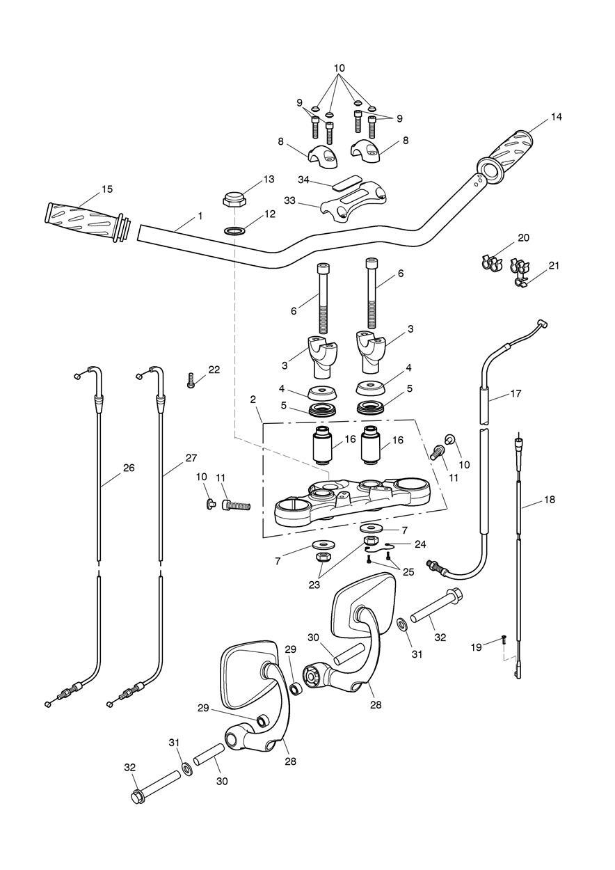 Handlebars, Top Yoke, Cables & Mirrors exploded diagram