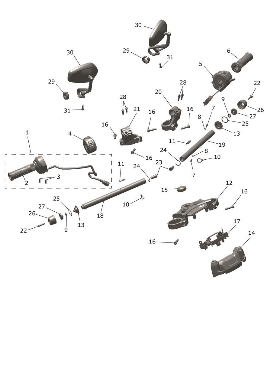 Handlebars, Top Yoke & Mirrors exploded diagram