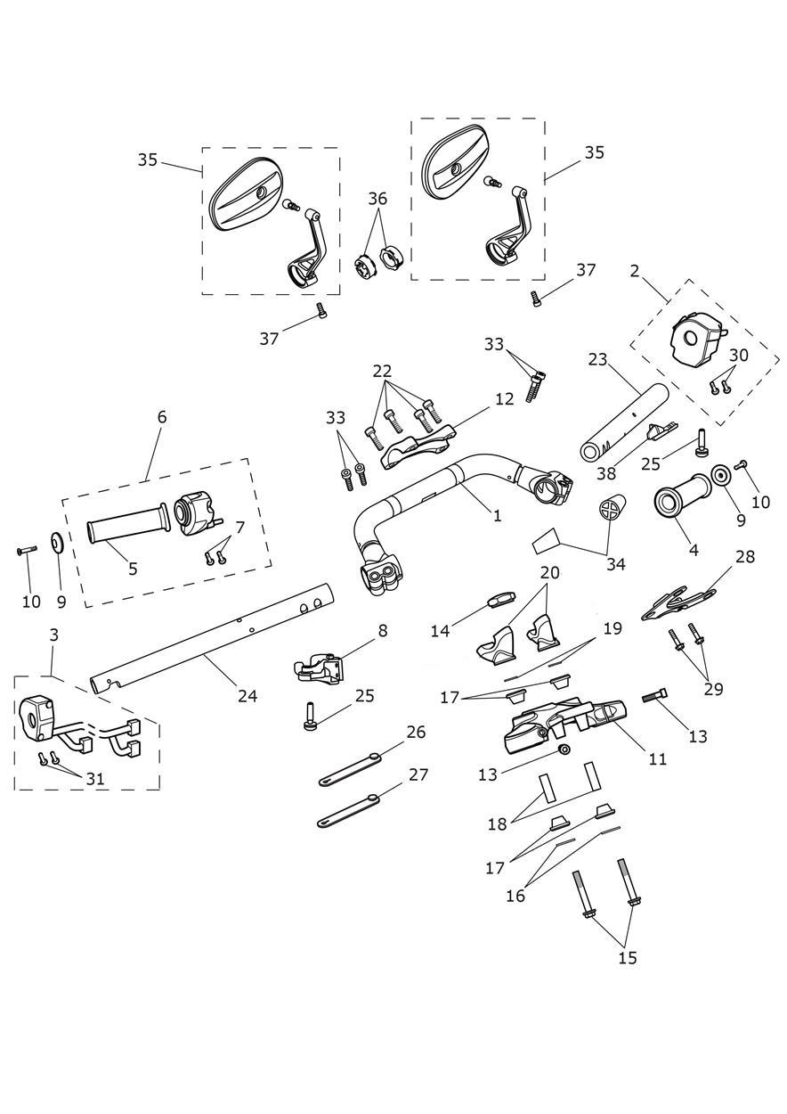 Handlebars, Top Yoke & Mirrors exploded diagram