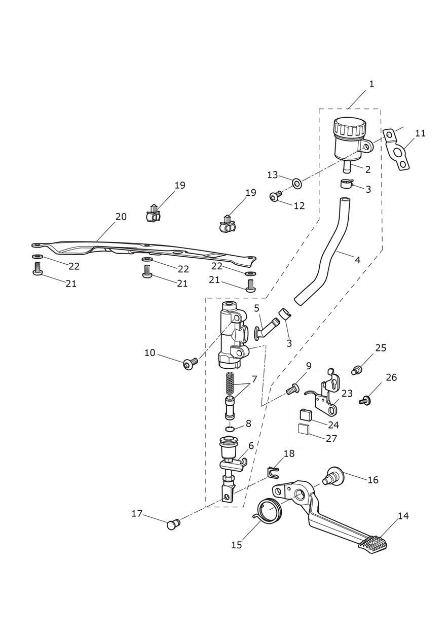 Rear Brake Master Cylinder, Reservoir & Pedal exploded diagram