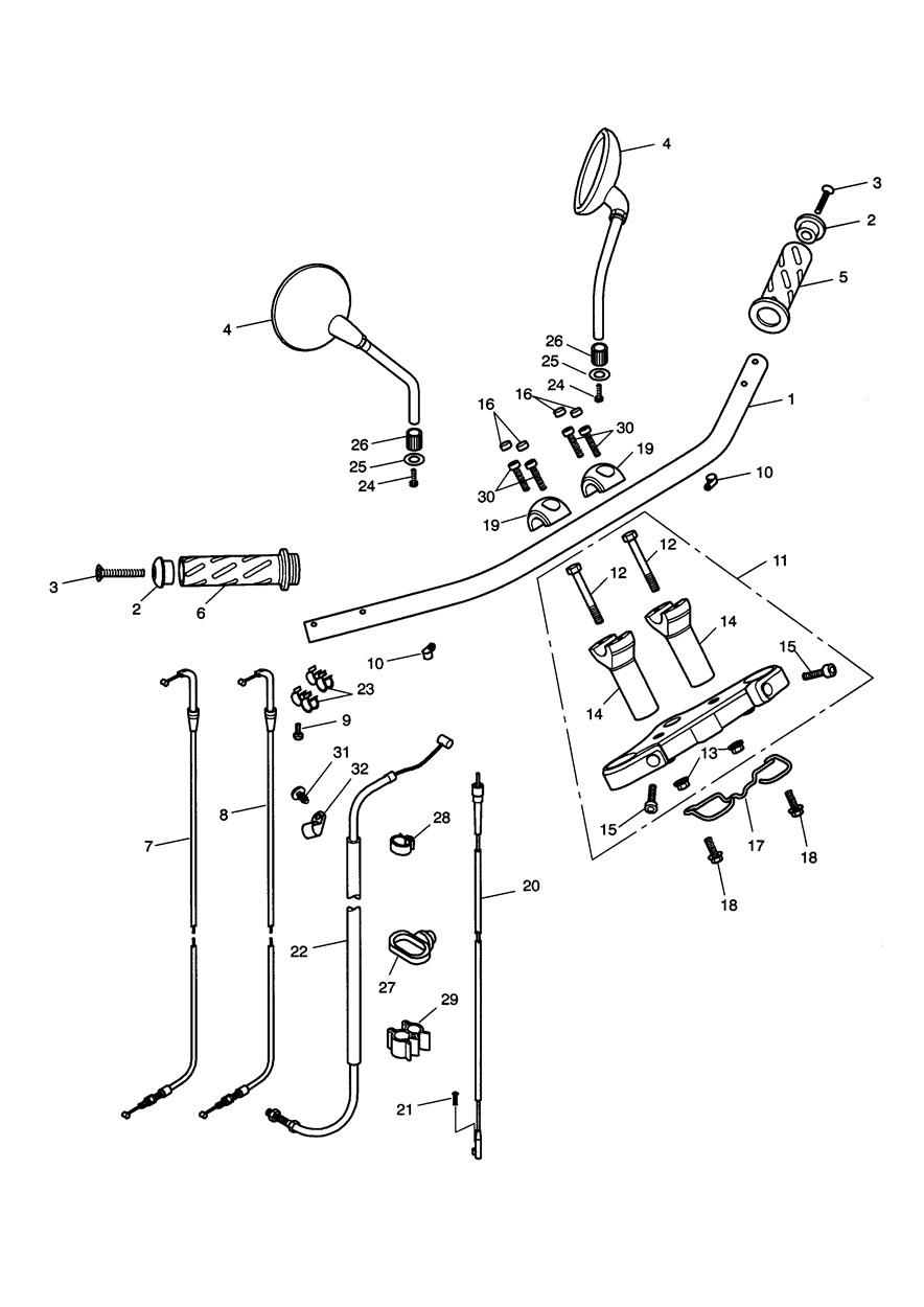 Handlebars, Top Yoke, Cables & Mirrors exploded diagram