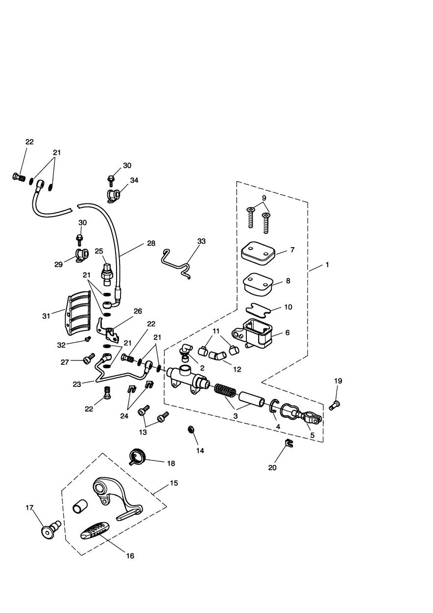 Rear Brake Master Cylinder, Reservoir & Pedal - Rocket III & Classic exploded diagram