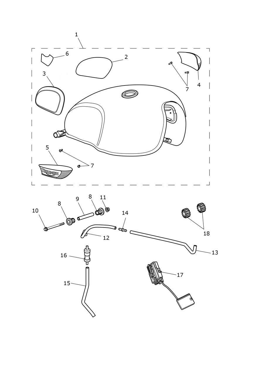 Fuel Tanks - Red/White, Blue/White, Blue/Tangerine, Green/Ironstone & Aluminium/Baja Orange exploded diagram