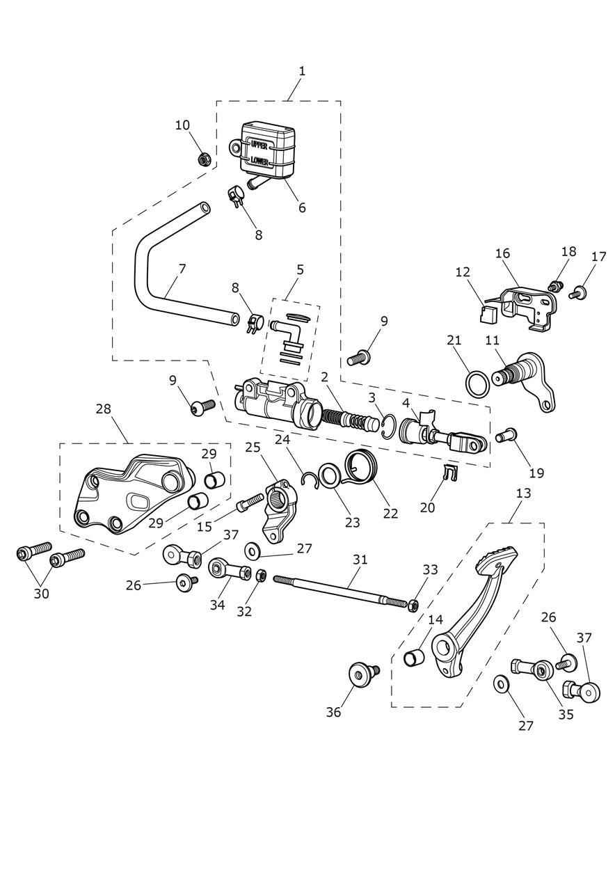 Rear Brake Master Cylinder, Reservoir & Pedal exploded diagram