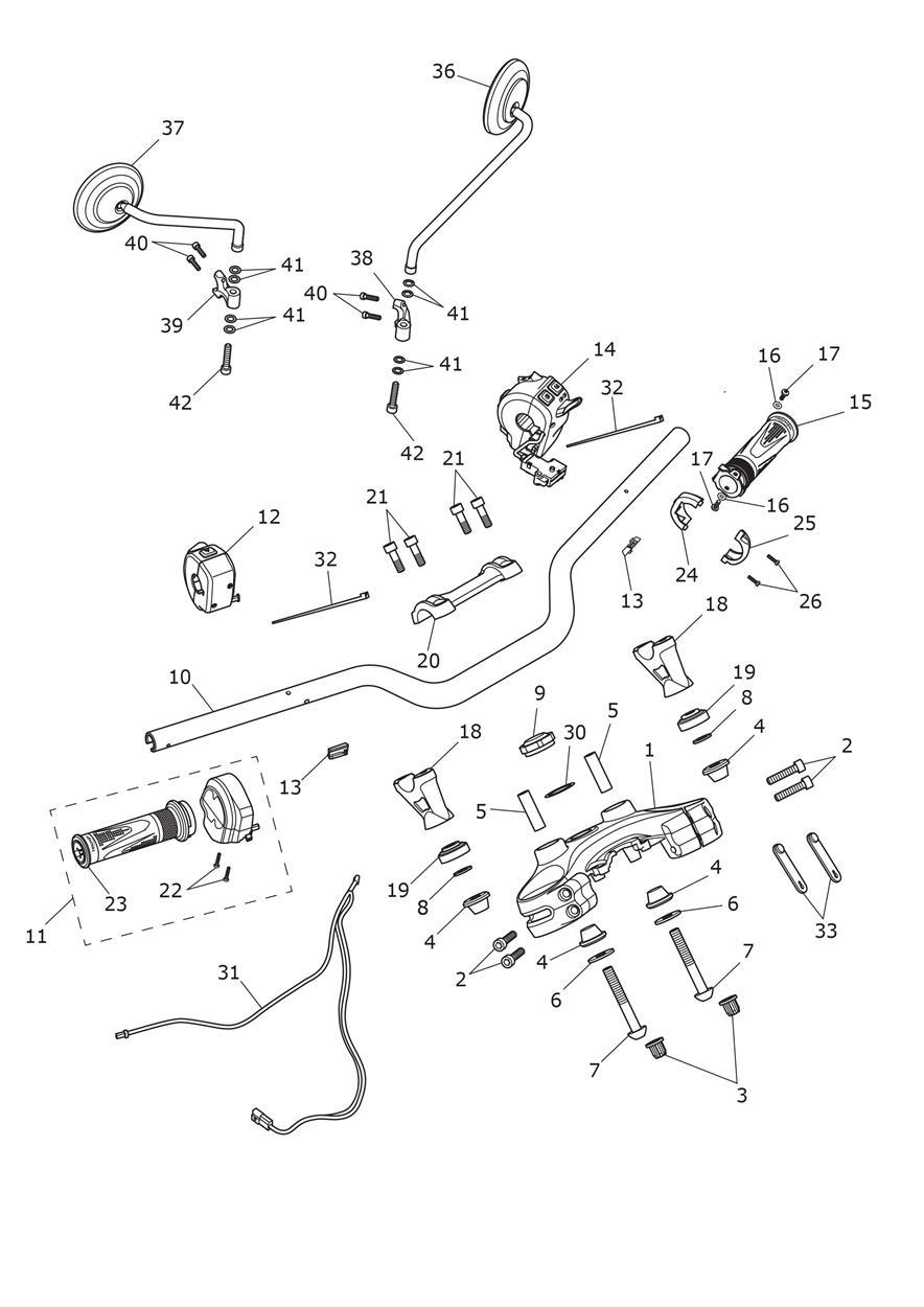 Handlebars, Top Yoke & Mirrors exploded diagram
