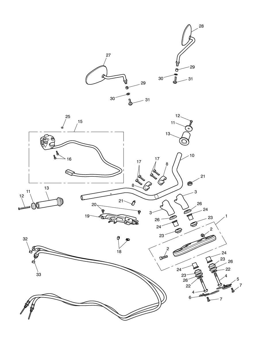 Handlebars, Top Yoke, Cables & Mirrors exploded diagram