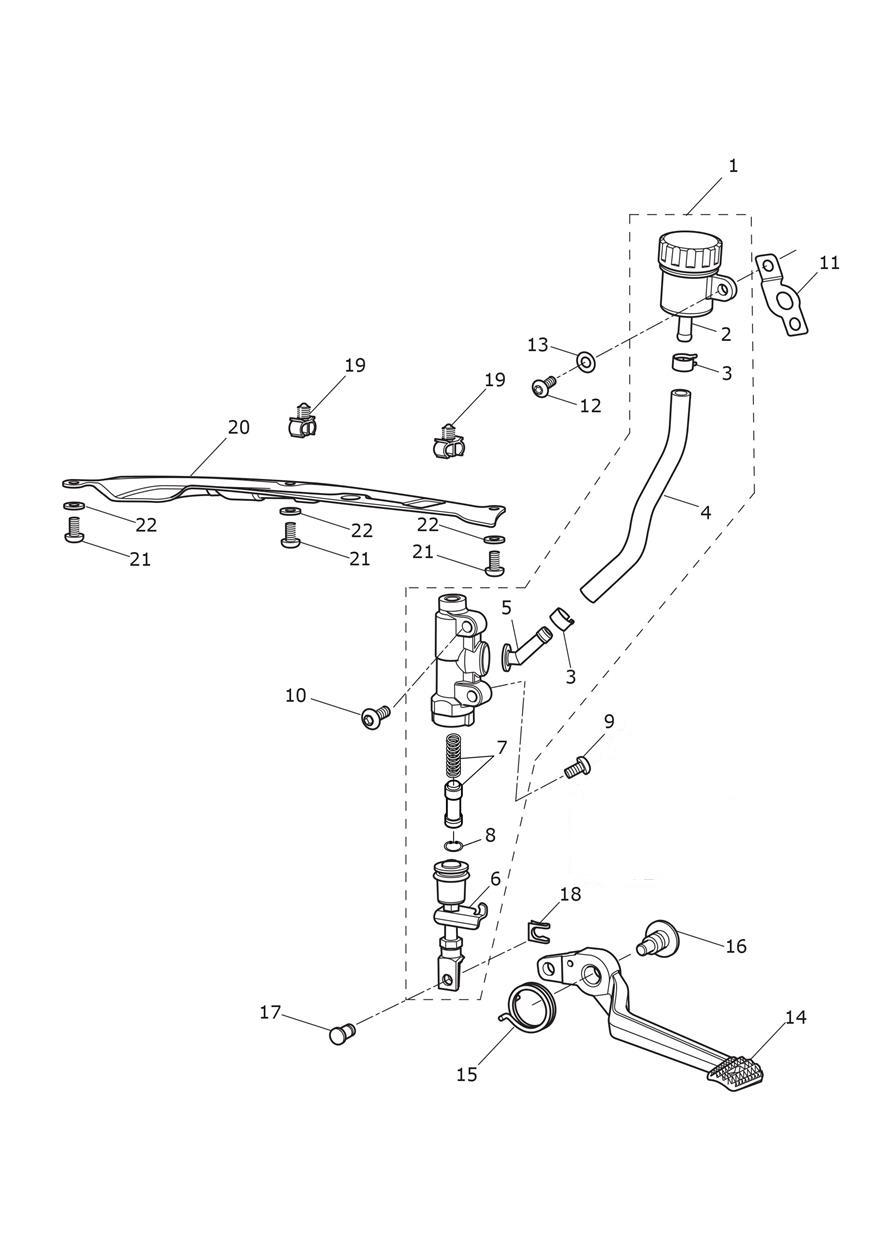 Rear Brake Master Cylinder, Reservoir & Pedal exploded diagram