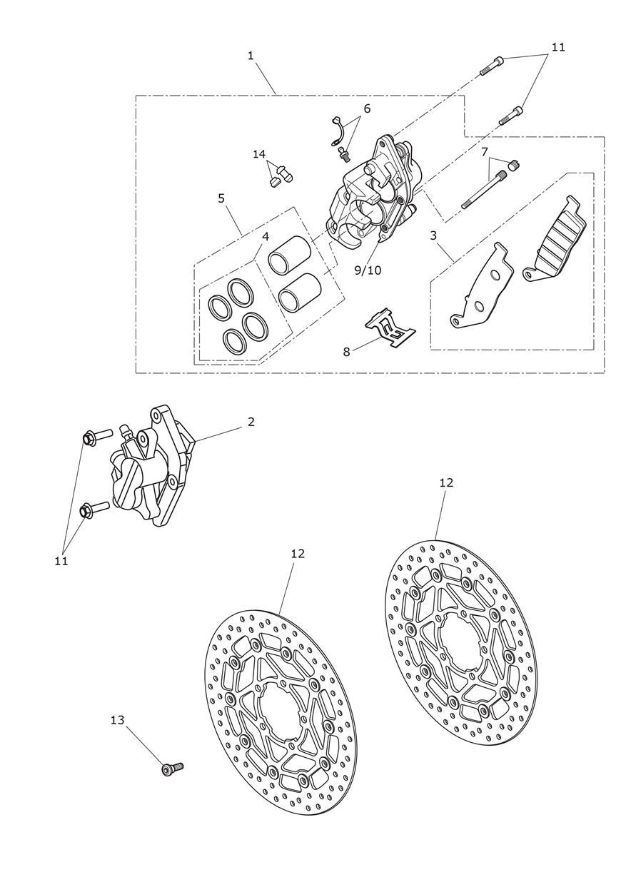 Front Brake Caliper & Discs exploded diagram