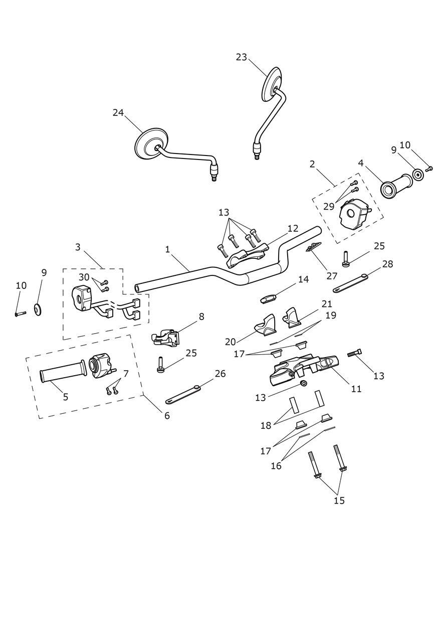 Handlebars, Top Yoke & Mirrors All Expt BR & IN, BR & IN Only exploded diagram