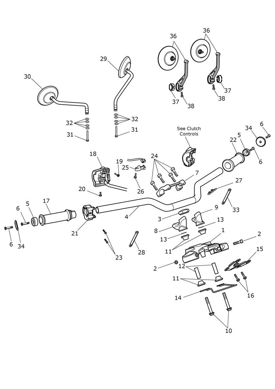 Handlebars, Top Yoke & Mirrors exploded diagram