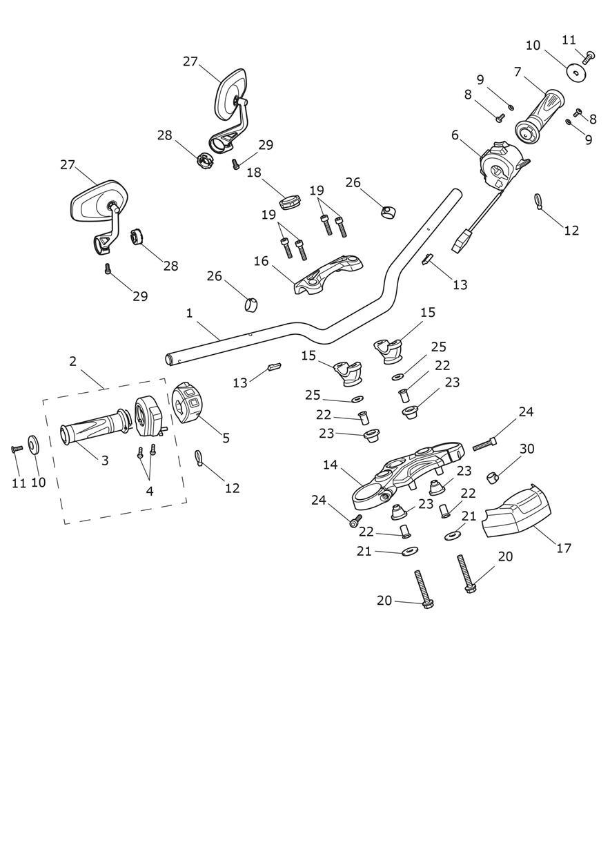 Handlebars, Top Yoke & Mirrors exploded diagram
