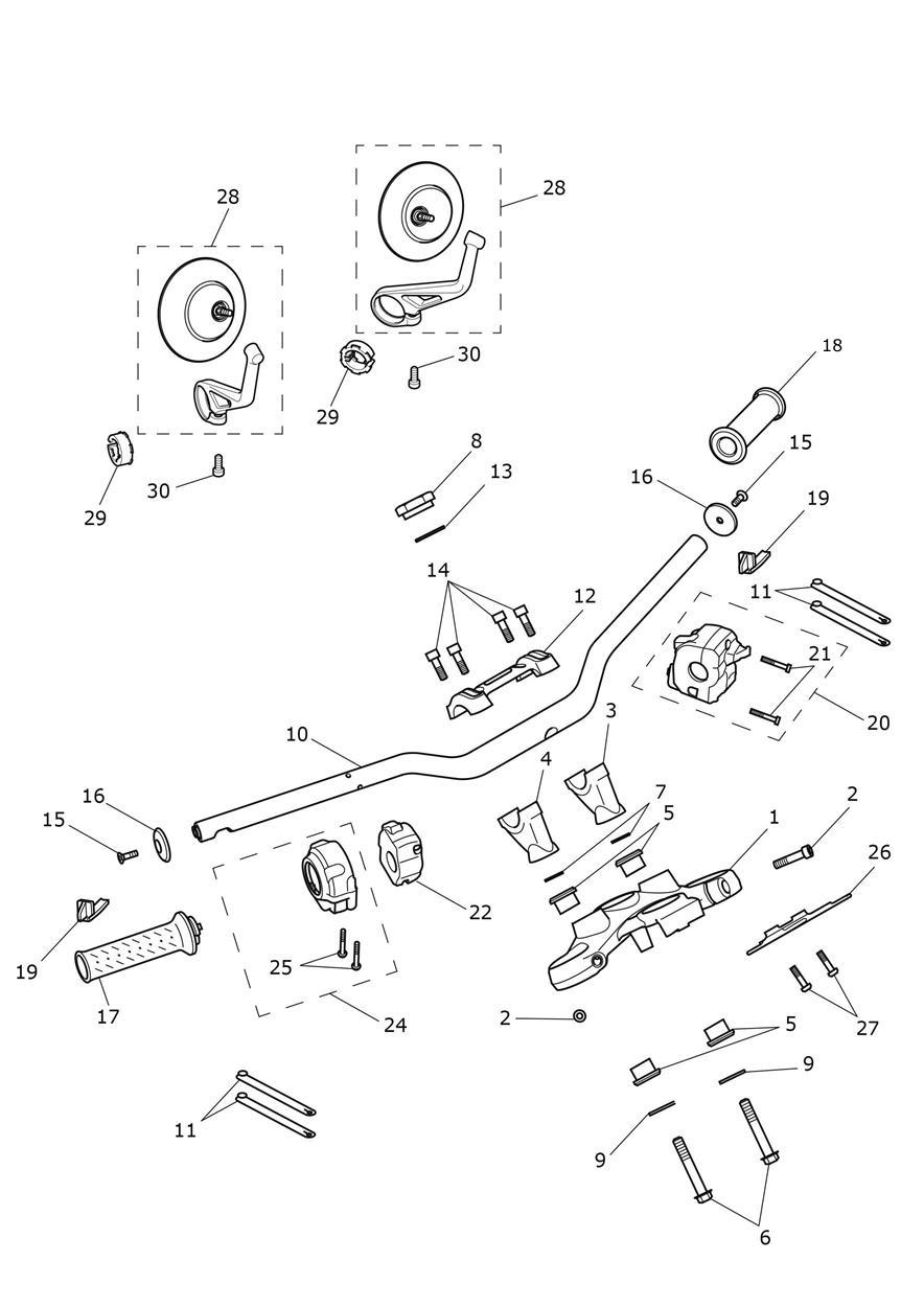 Handlebars, Top Yokes & Mirrors exploded diagram