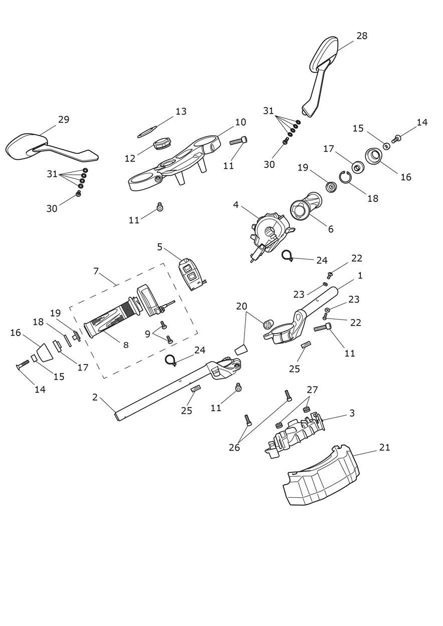 Handlebars, Top Yoke & Mirrors exploded diagram