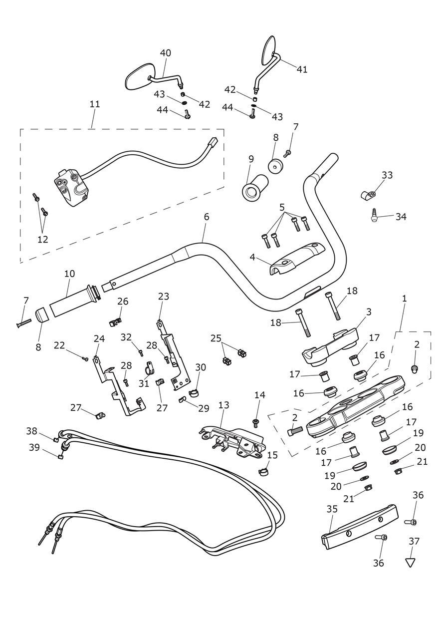 Handlebars, Top Yoke, Cables & Mirrors exploded diagram