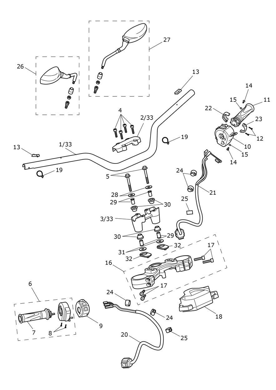 Handlebars, Top Yoke & Mirrors exploded diagram