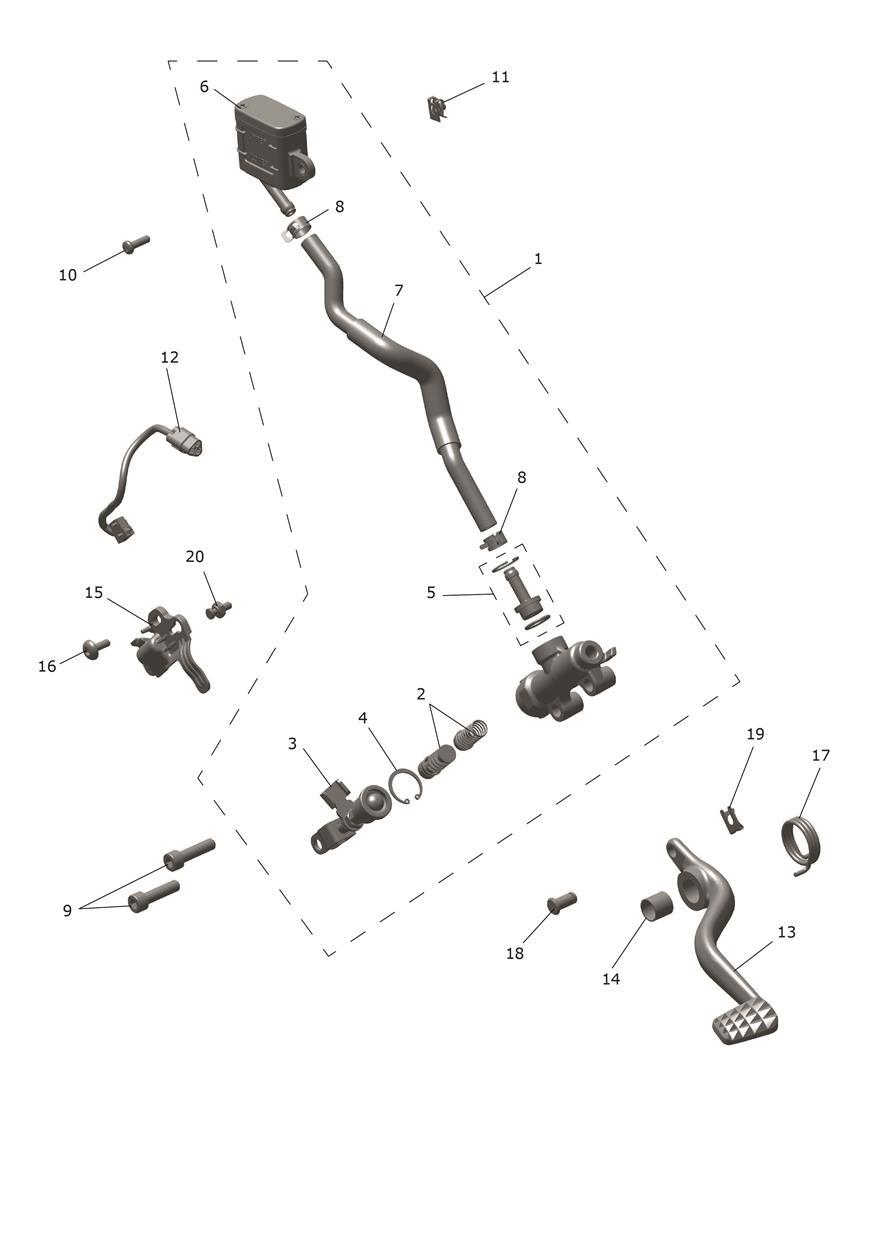 Rear Brake Master Cylinder, Reservoir & Pedal exploded diagram