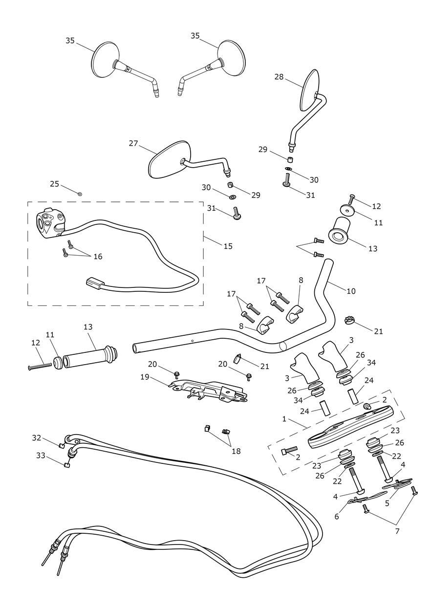 Handlebars, Top Yoke, Cables & Mirrors exploded diagram
