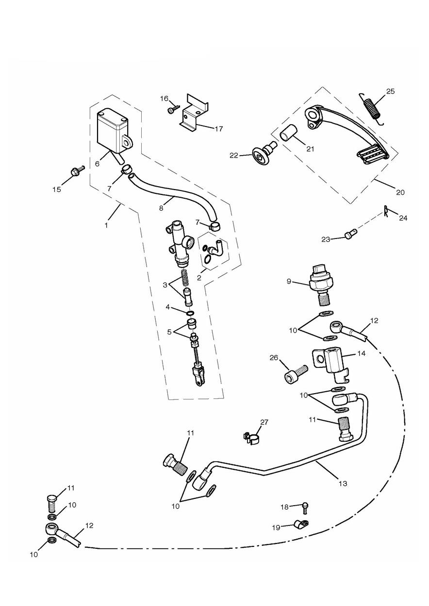 Rear Brake Master Cylinder, Reservoir & Pedal exploded diagram