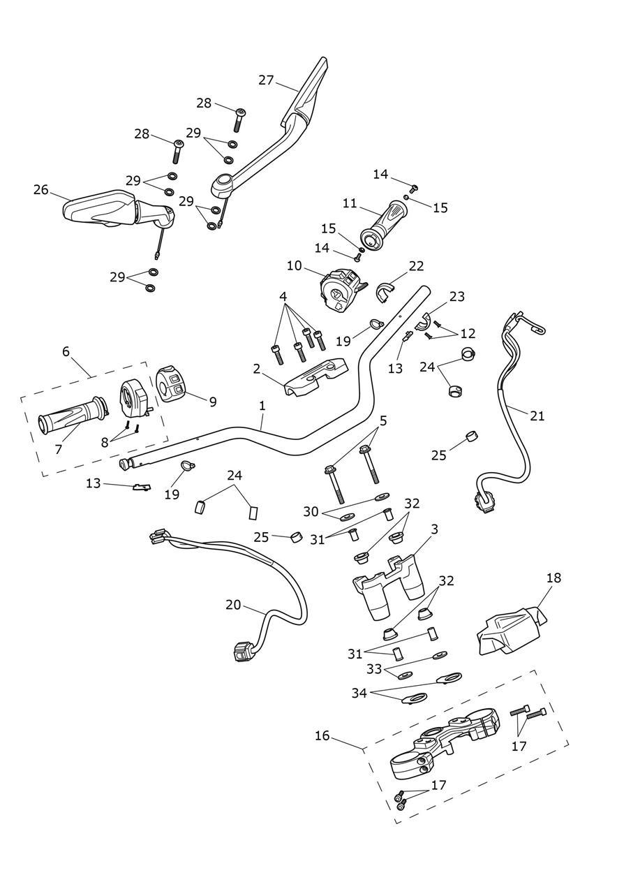 Handlebars, Top Yoke & Mirrors exploded diagram