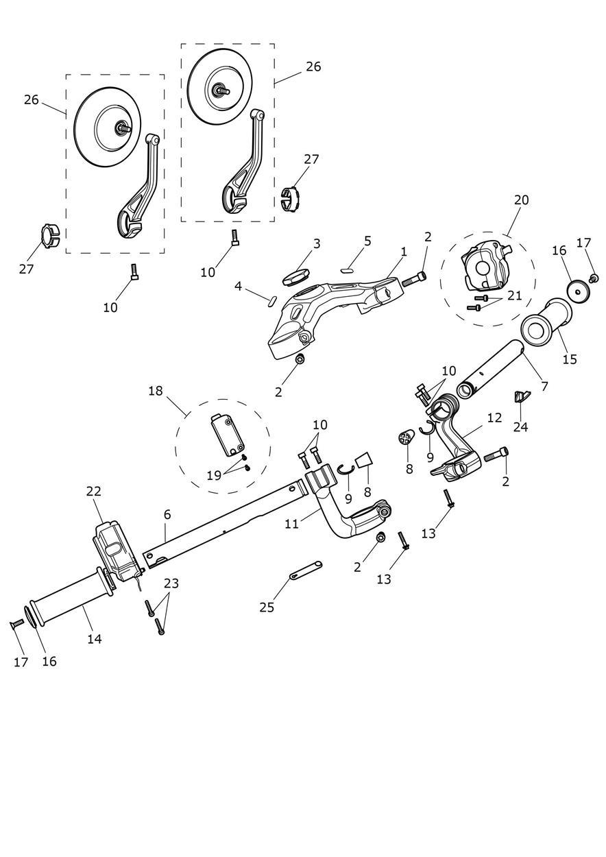 Handlebars, Top Yoke & Mirrors exploded diagram