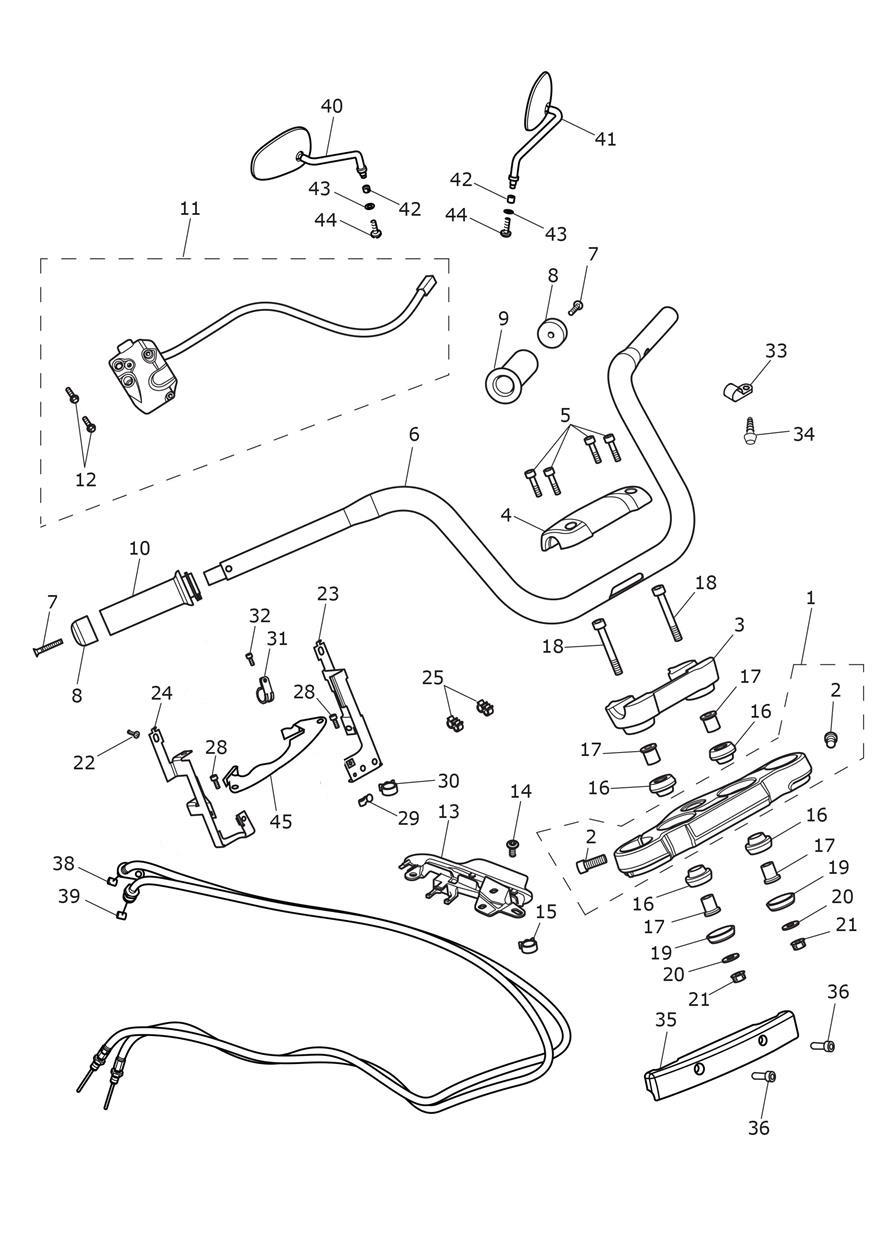 Handlebars, Top Yoke, Cables & Mirrors exploded diagram