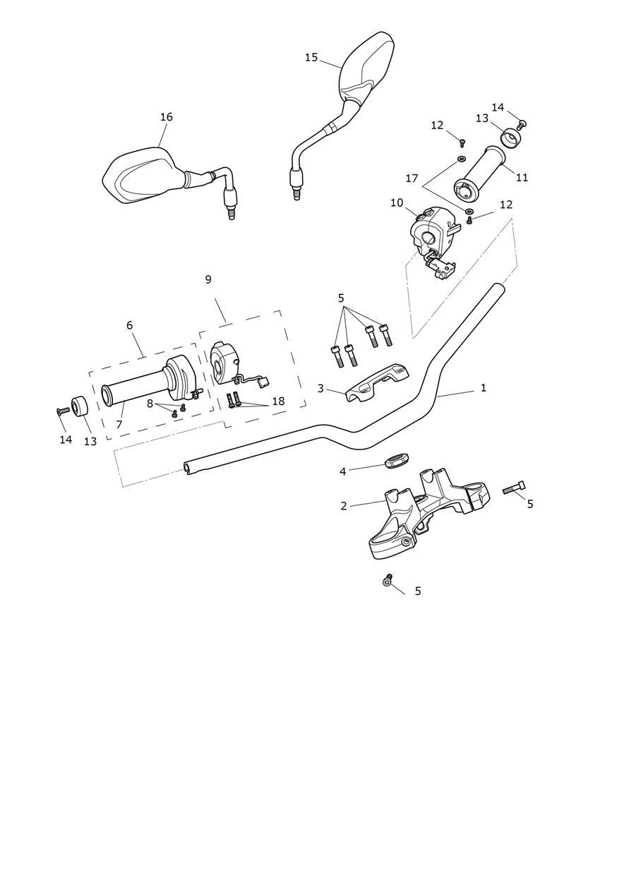 Handlebars, Top Yoke & Mirrors exploded diagram