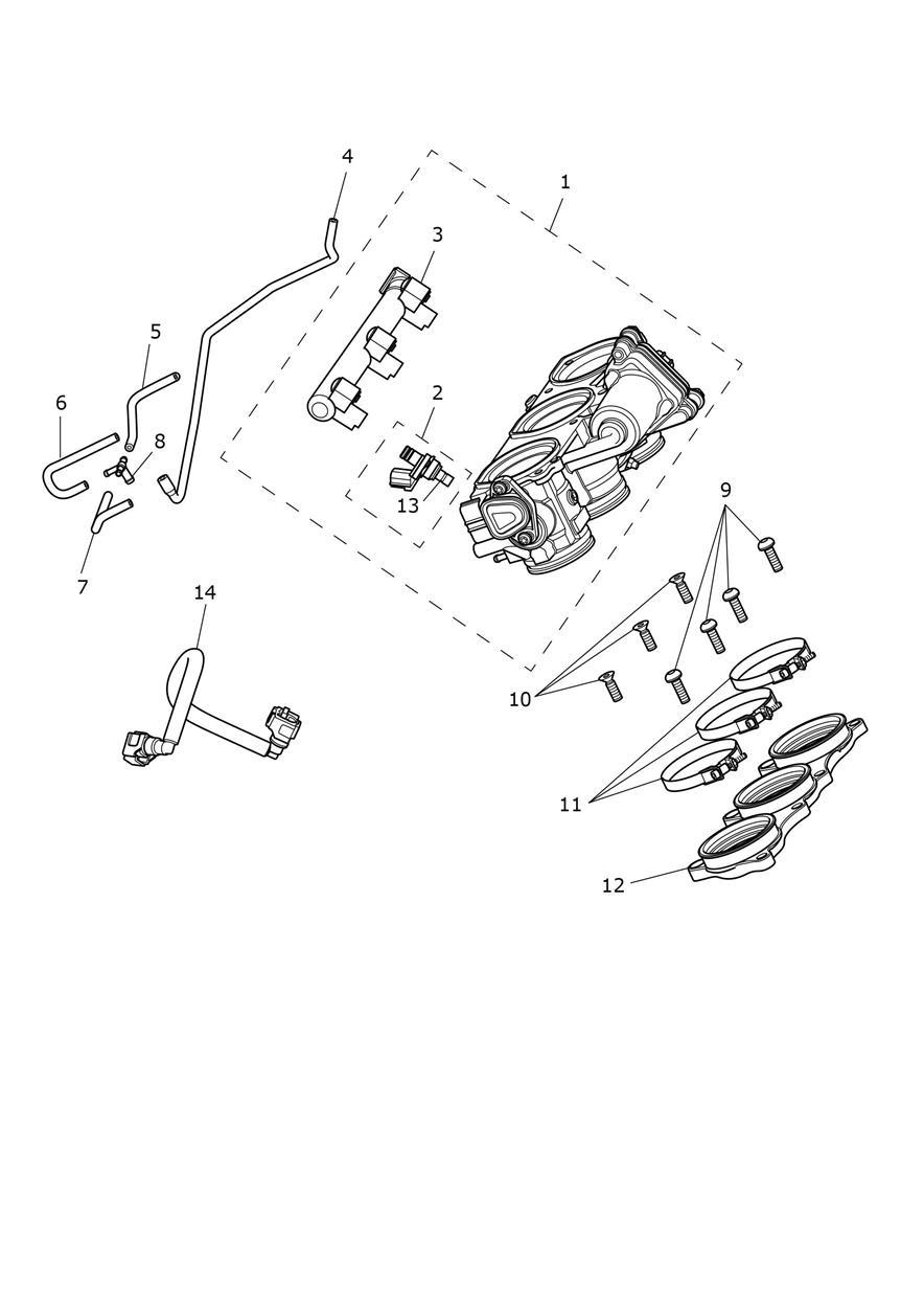 Throttles, Injectors and Fuel Rail exploded diagram