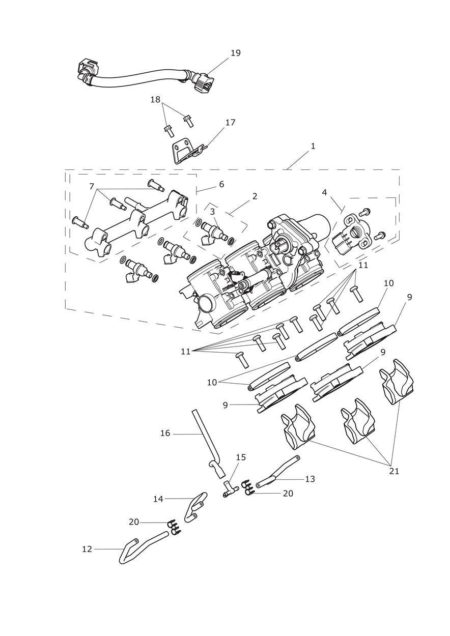 Throttles, Injectors and Fuel Rail exploded diagram