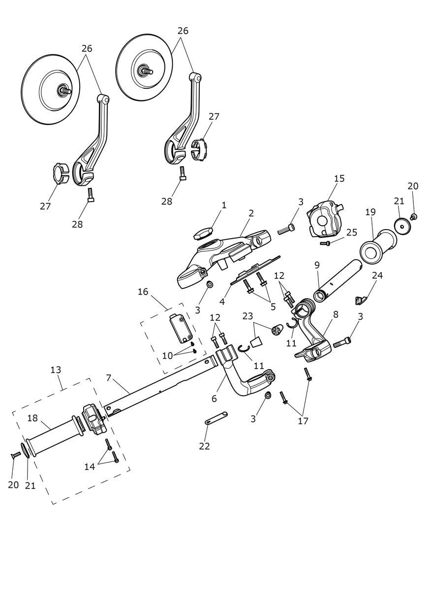 Handlebars, Top Yoke & Mirrors exploded diagram