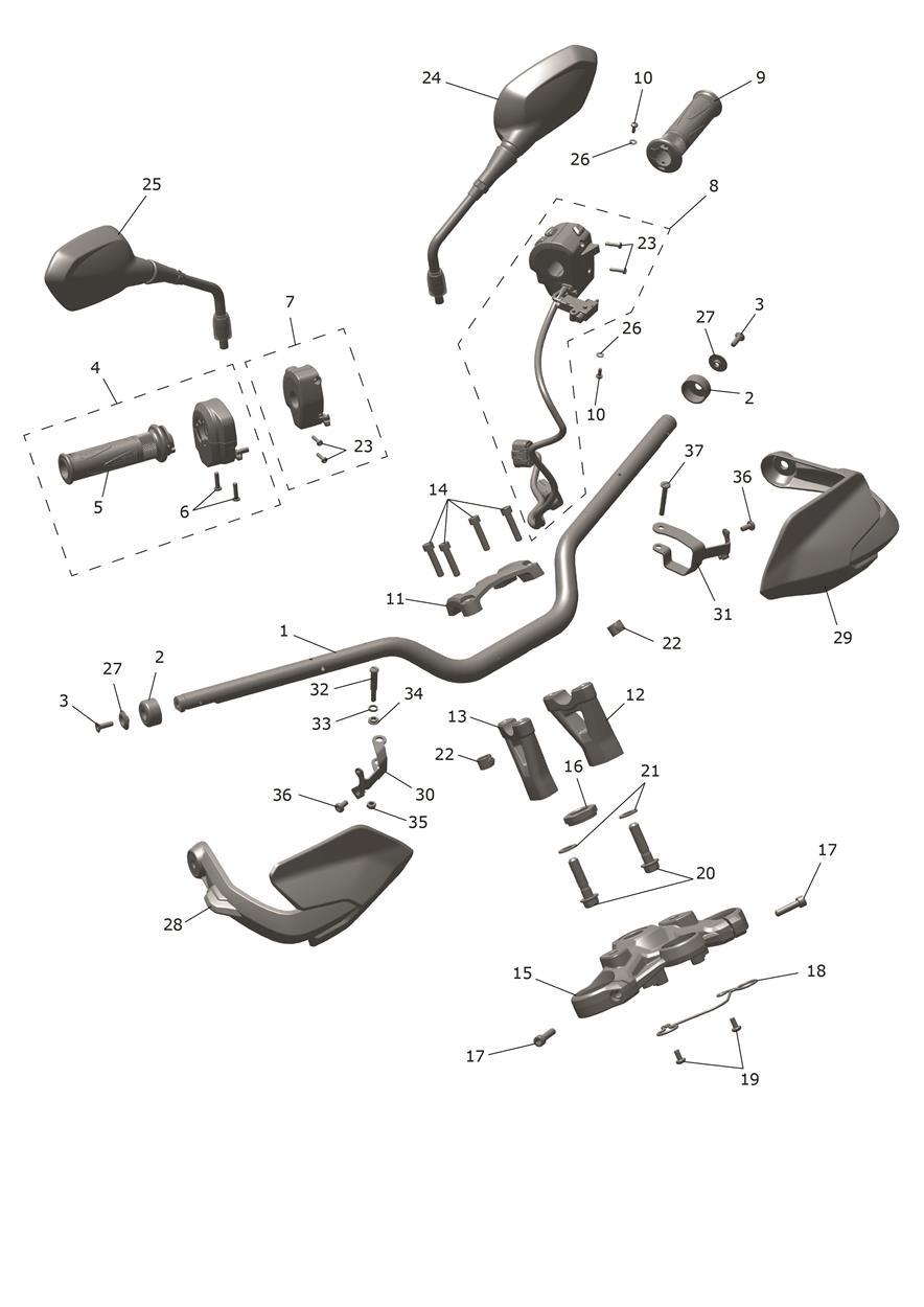 Handlebars, Top Yoke & Mirrors exploded diagram