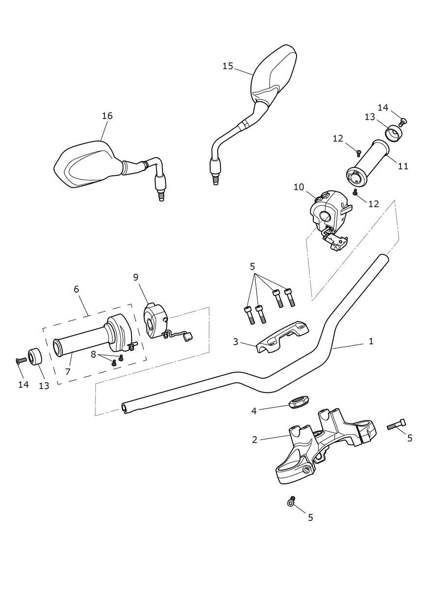 Handlebars, Top Yoke & Mirrors exploded diagram