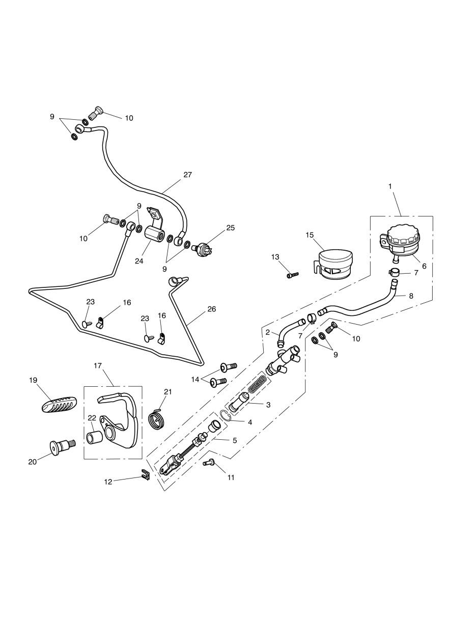 Rear Brake Master Cylinder, Reservoir & Pedal exploded diagram