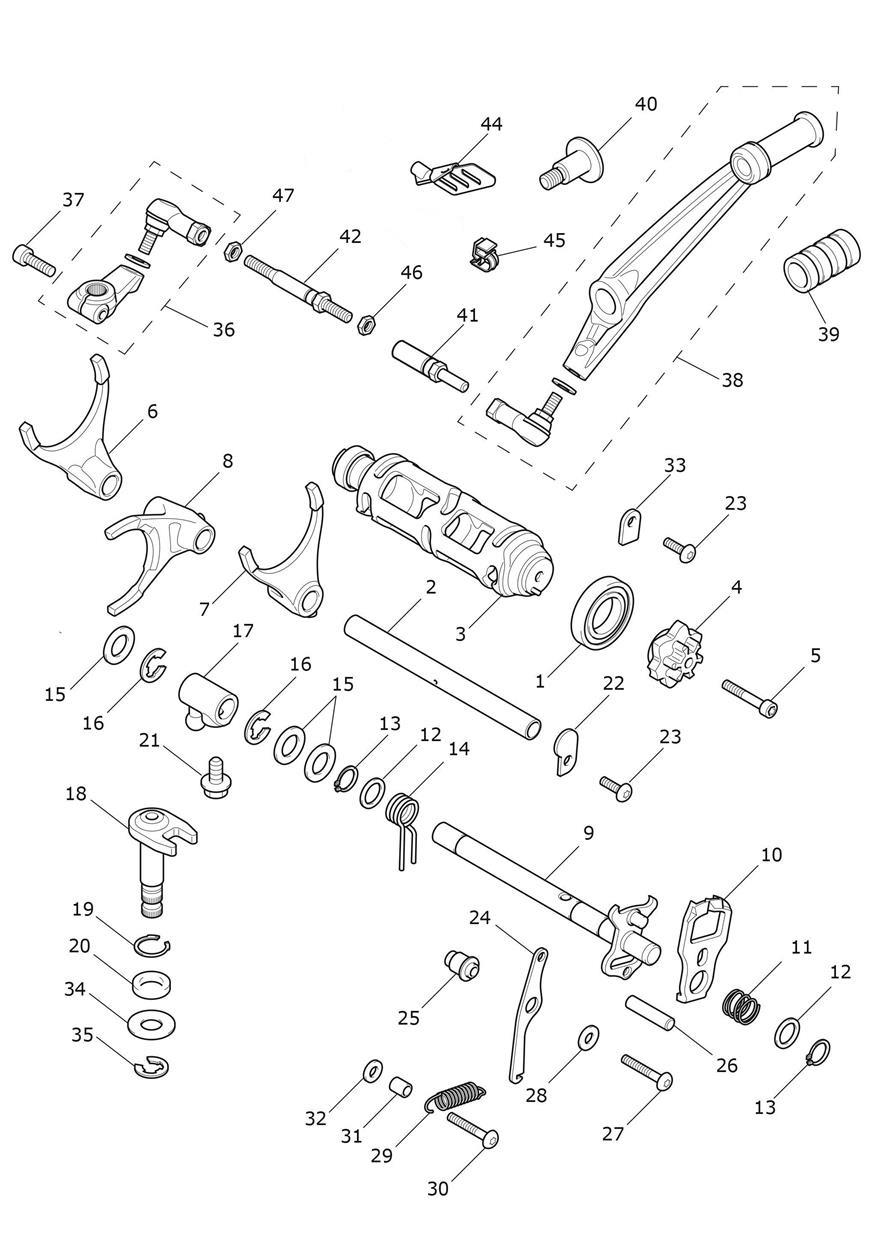 Gear Selectors & Pedal exploded diagram