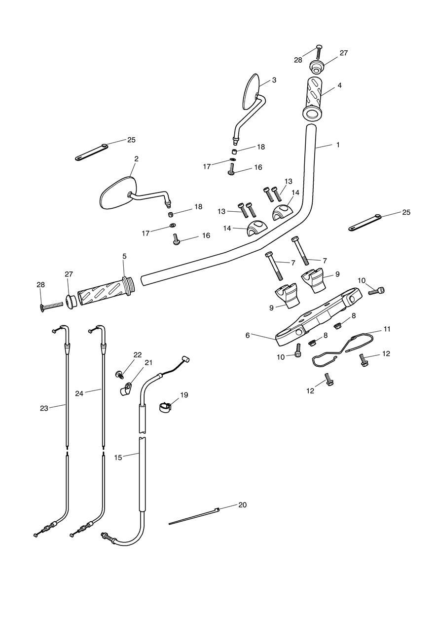 Handlebars, Top Yoke, Cables & Mirrors exploded diagram