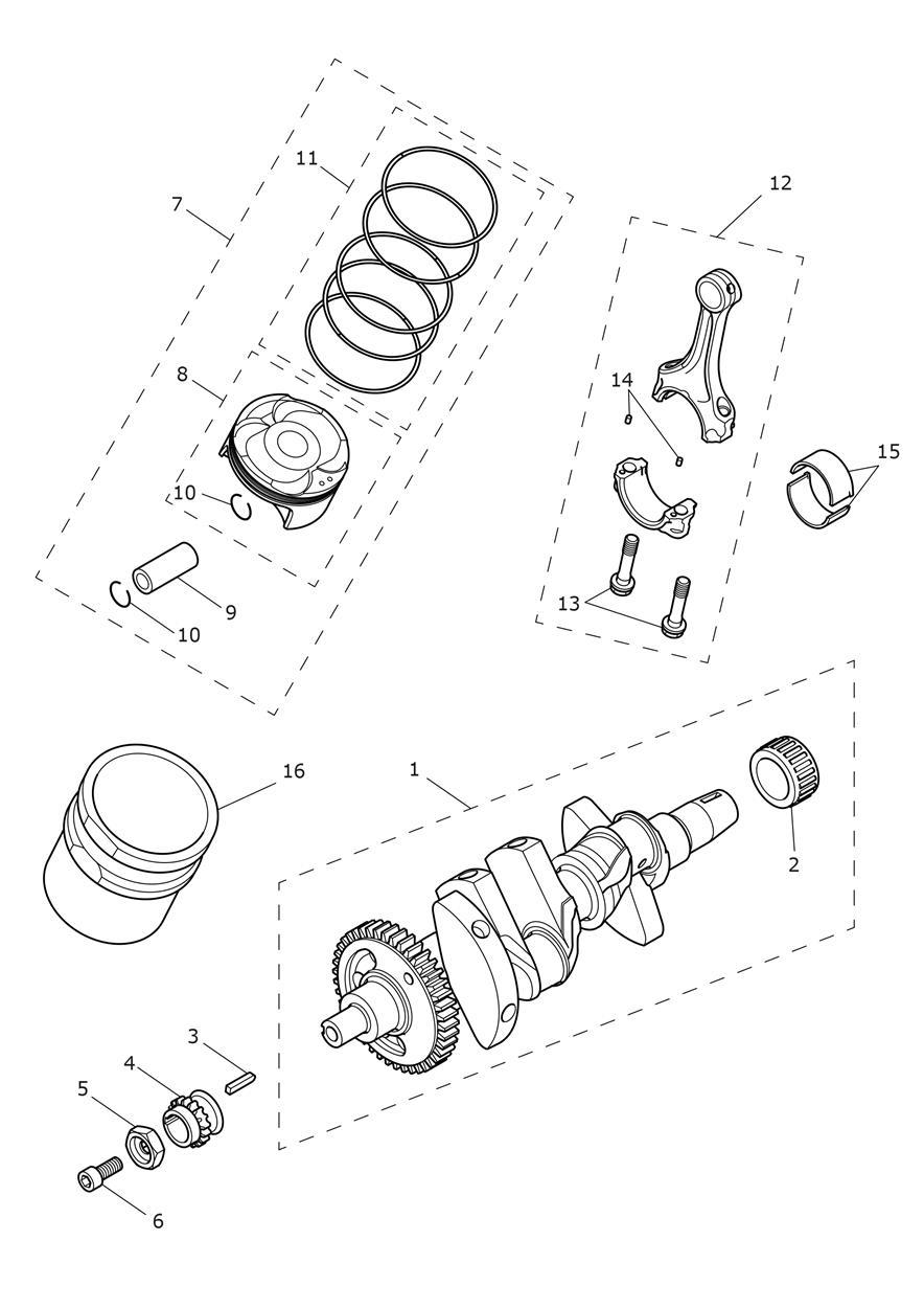 Crankshaft, Conrods & Pistons exploded diagram