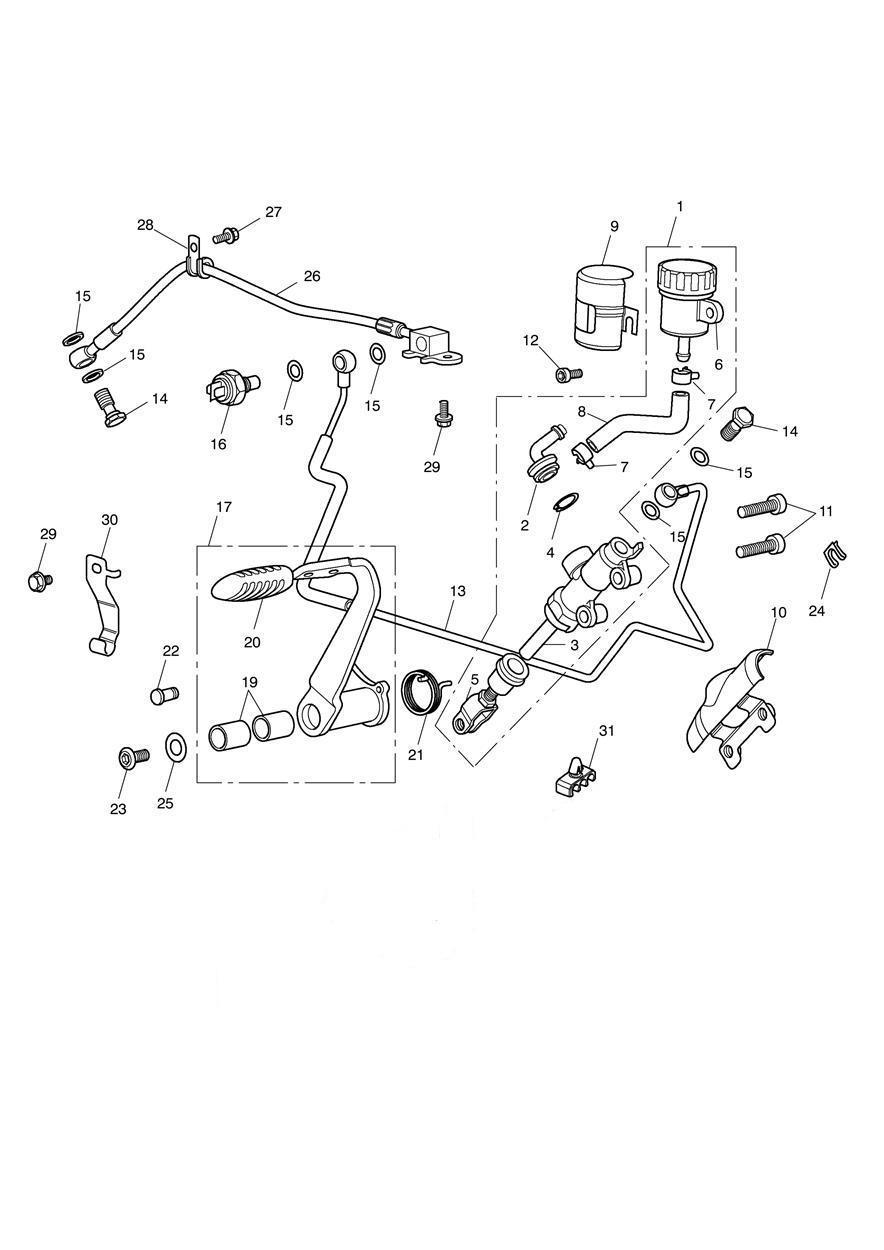 Rear Brake Master Cylinder, Reservoir & Pedal exploded diagram