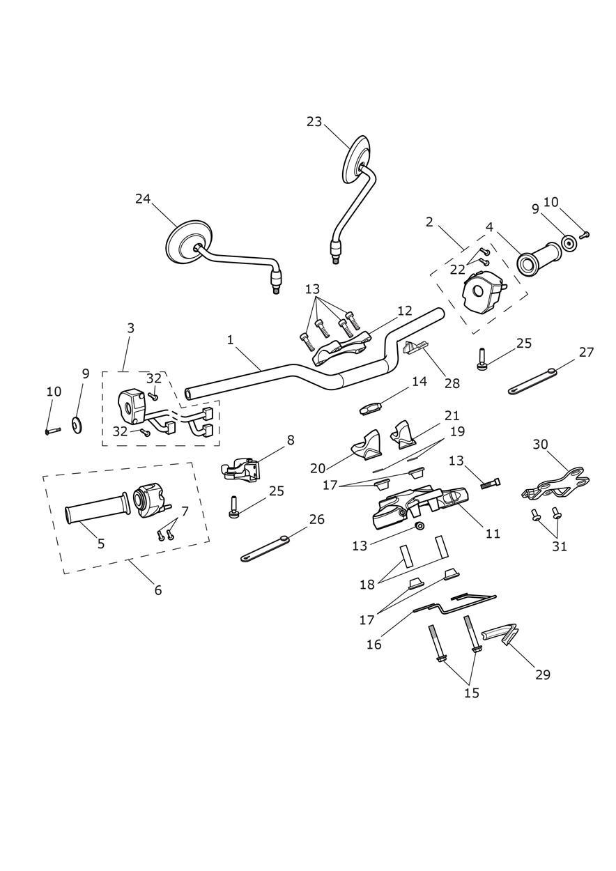 Handlebars, Top Yoke & Mirrors exploded diagram