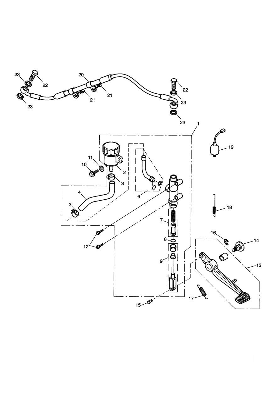 Rear Brake Master Cylinder, Reservoir & Pedal exploded diagram