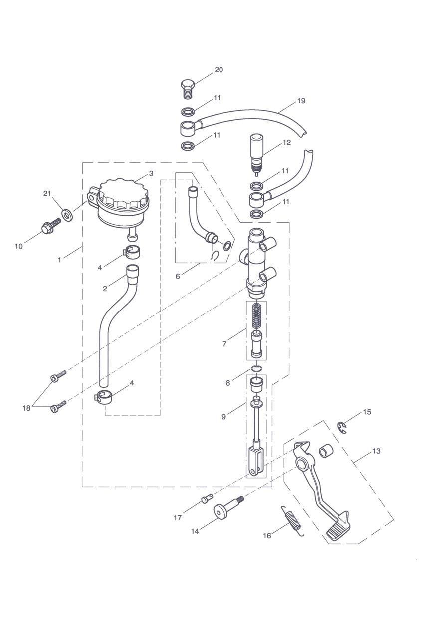 Rear Brake Master Cylinder, Reservoir & Pedal exploded diagram